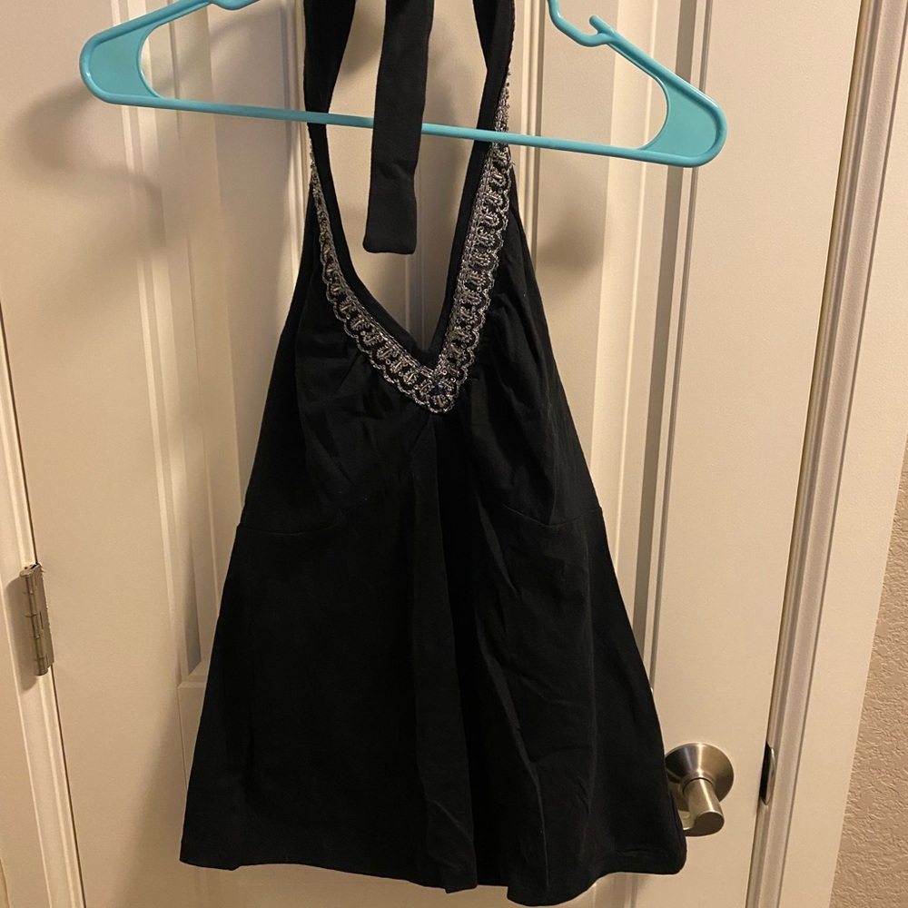 NWT L ANA Halter Top Black Beaded Tie Strap Blouse With Attached Bra Large Shirt